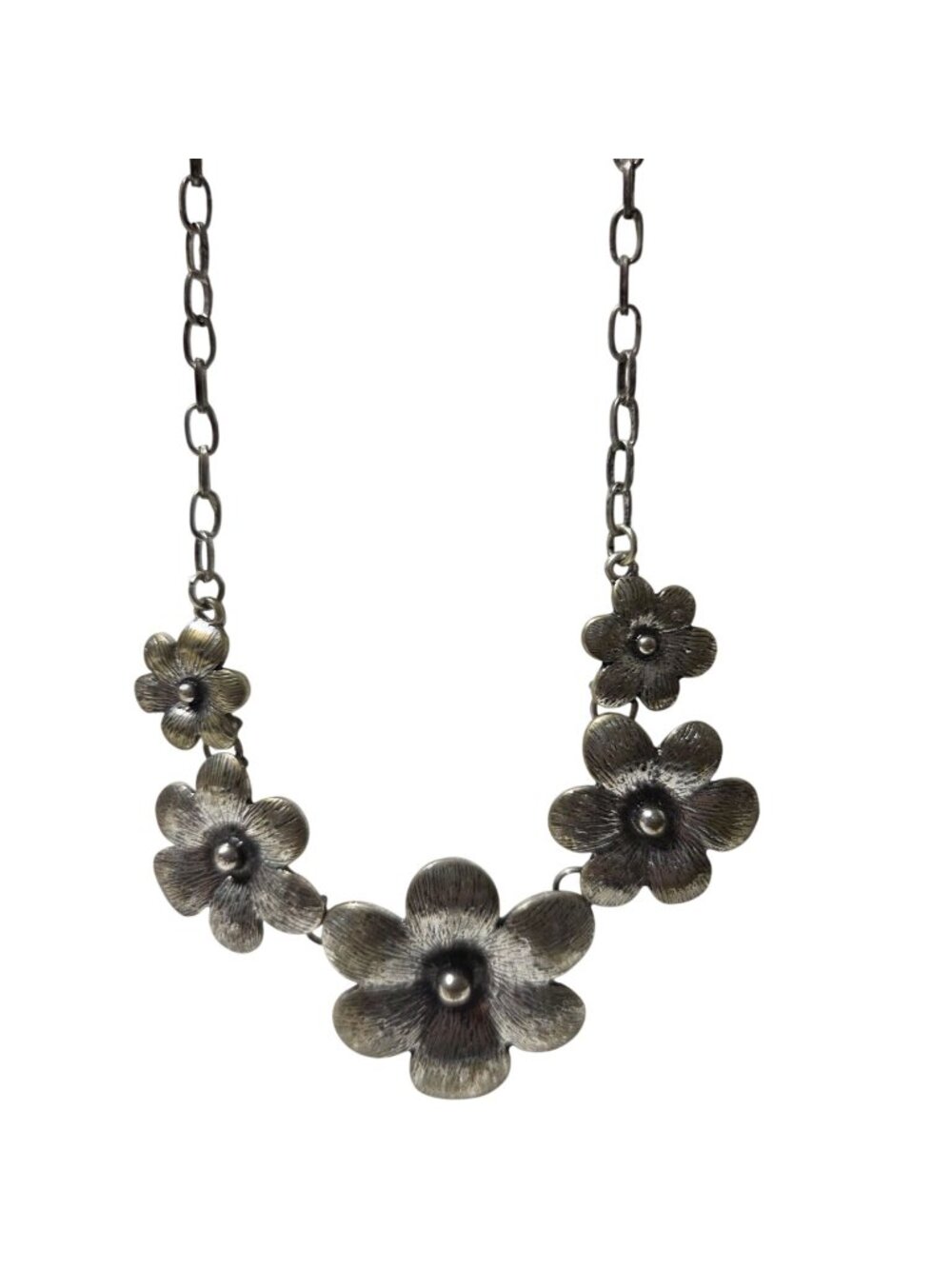 Floral Statement Necklace Flower Pendants Textured Petals Silver Tone Jewelry